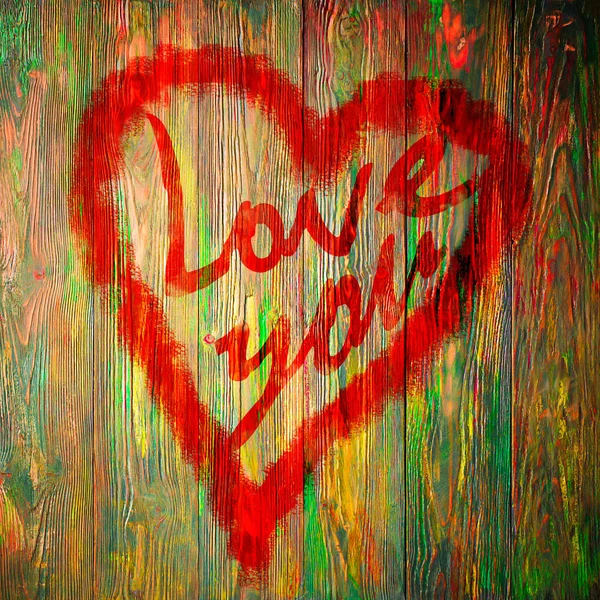 Love You Heart Greeting On Distressed Vintage Grunge Texture Wood Background Painted — Stock Photo, Image