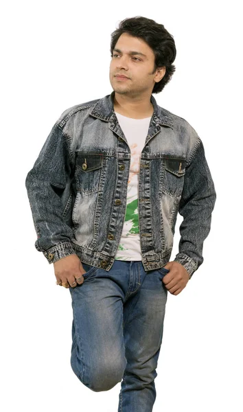 Indiana masculino modelo vestindo danim jaqueta — Fotografia de Stock