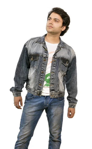 Indiana masculino modelo vestindo desbotada azul jaqueta jeans — Fotografia de Stock