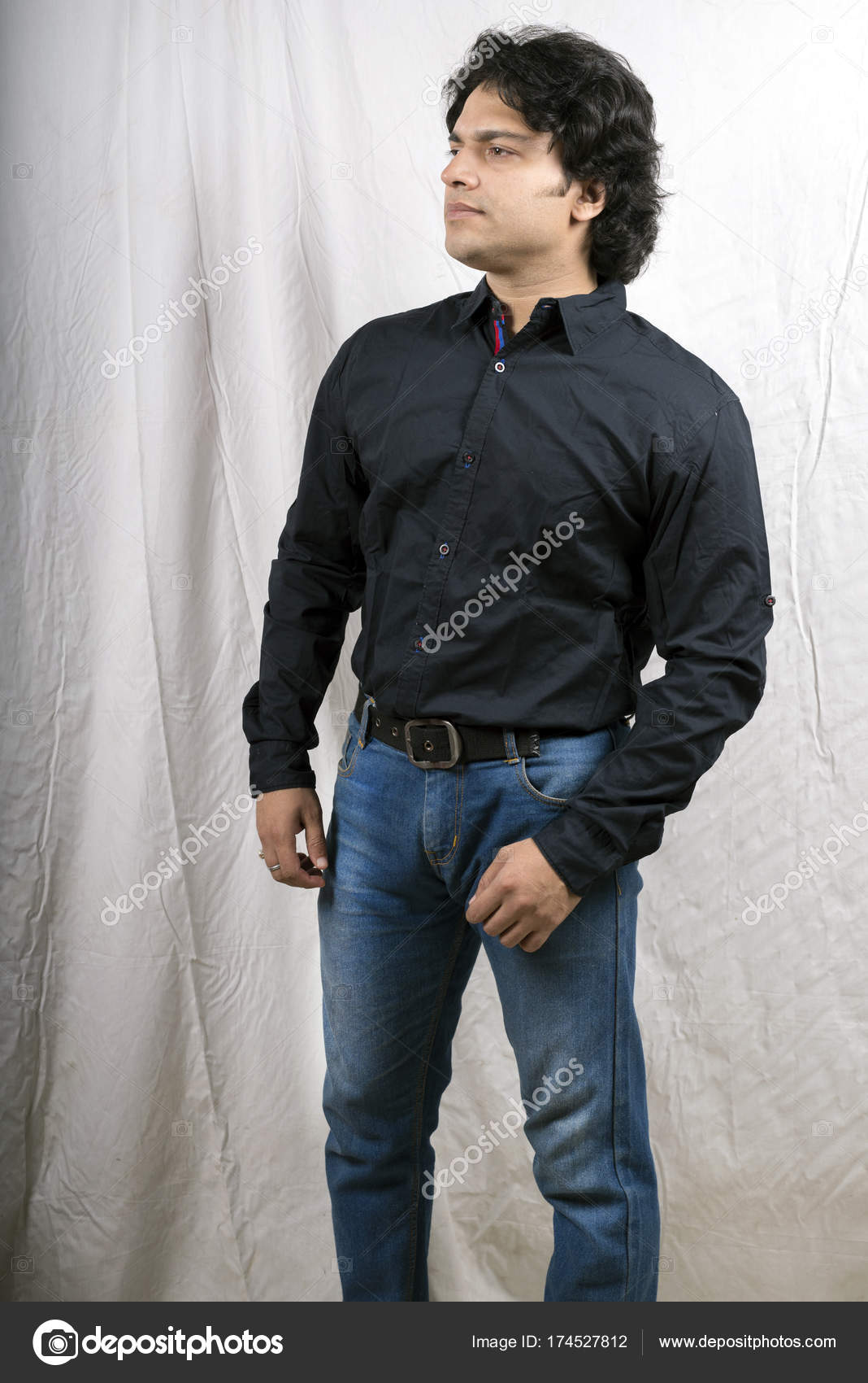 black shirt blue jean