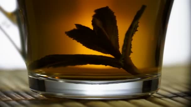 La tasse de thé aux feuilles de menthe fait demi-tour. Gros plan . — Video