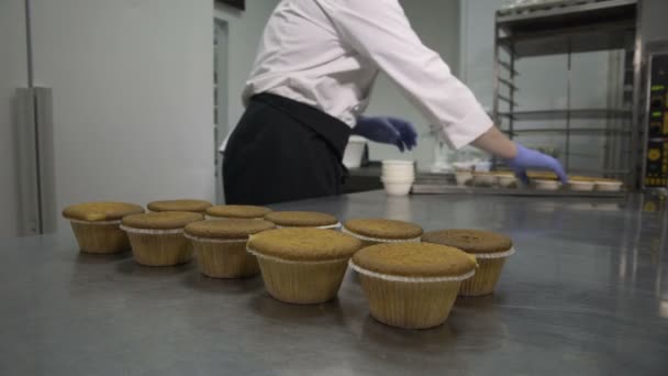 Chef koks cupcakes in een bakkerij. — Stockvideo