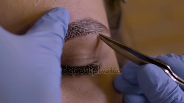 Stylist does beautiful eyebrows to the young beautiful woman. Beauty shop. Close up. — Stock Video