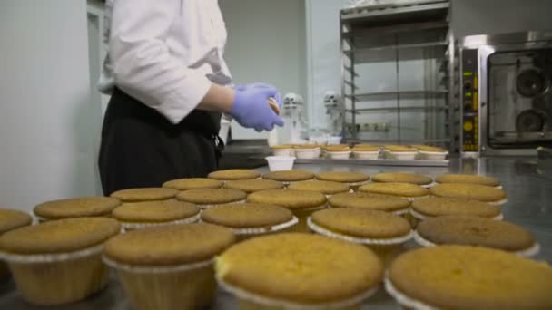 Jefe cocina cupcakes en una panadería . — Vídeo de stock