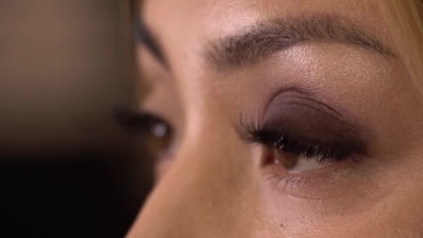 Detail of a young woman applying makeup with brush. Close up. Beauty shop. — Stock Video