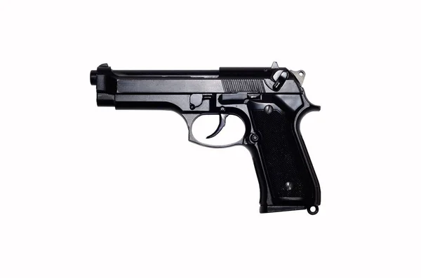 Används svart metall 9mm pistol pistol på vit bakgrund — Stockfoto