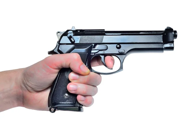 黑色的金属 9 毫米手枪枪在白色背景上的手 — 图库照片