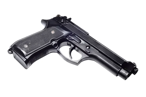 Pistola de metal negro 9mm usada sobre fondo blanco —  Fotos de Stock