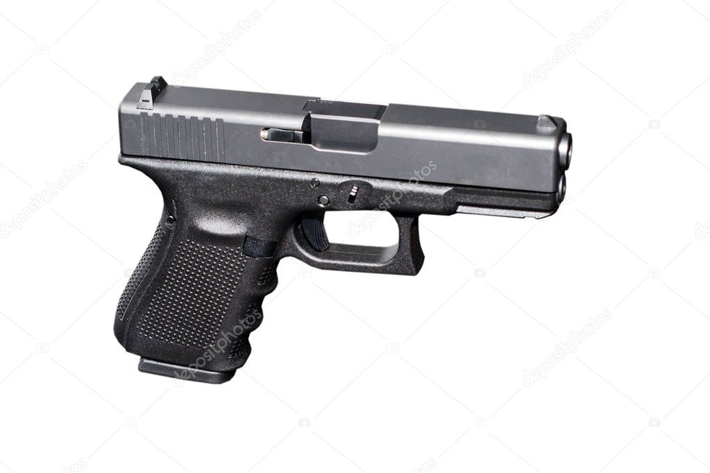 Black metal 9mm pistol gun on white background 