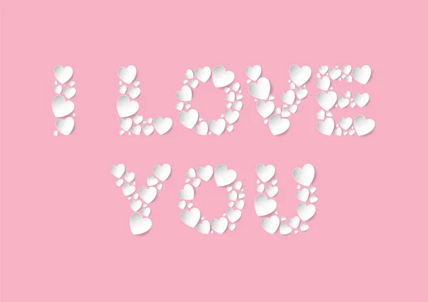 I Love You letters flat lay with white vector paper hearts on pink background — Stock Vector