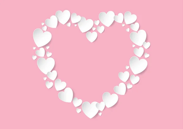 Valentines Day hart plat lag met witte vector papier hart op roze achtergrond — Stockvector
