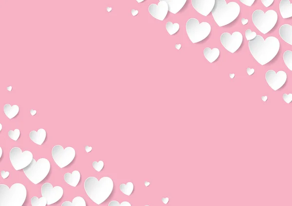 Valentijnsdag kaart met verspreide vector papier hart op roze bckground — Stockvector