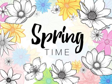 Beyaz arka plan üzerinde renkli çiçekler bahar zaman ifade el ile çizilmiş