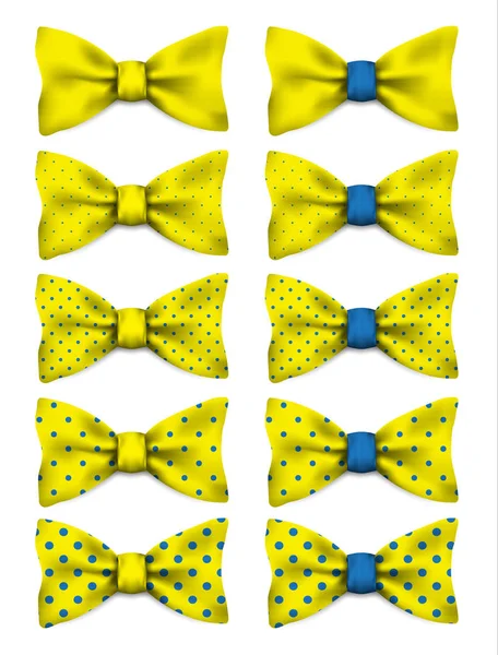 Yellow bow tie with blue dots set realistic vector illustration — Stock Vector