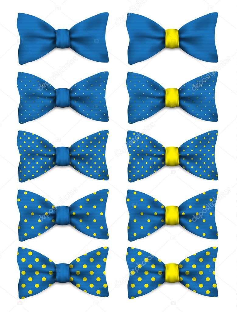 Blue bow tie with yellow dots set realistic vector illustration 