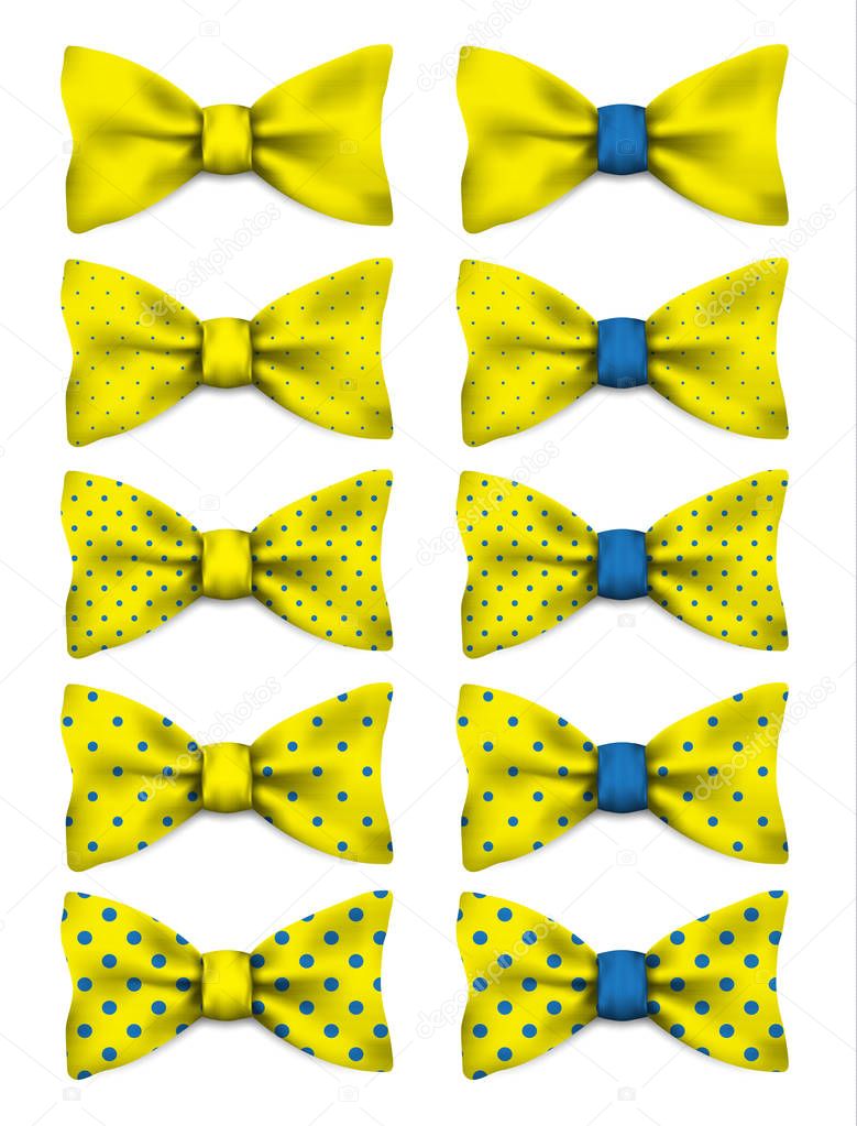 Yellow bow tie with blue dots set realistic vector illustration — Stock ...