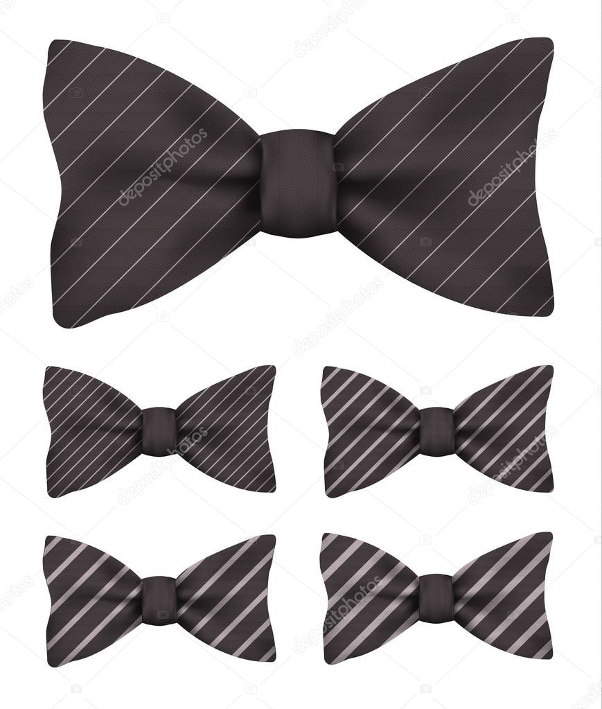 Black bow tie with white stripes set realistic vector illustration