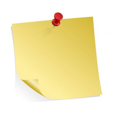 Sarı yapışkan notu üzerinde beyaz izole kırmızı itme PIN gerçekçi vektör çizim ile