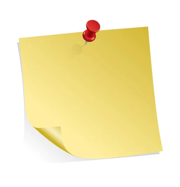Gele kleverige nota met rode push pin realistische vectorillustratie geïsoleerd op wit — Stockvector