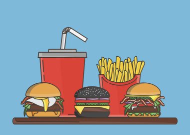 Hamburger, patates kızartması ve Soda ile öğle yemeği. Fast Food ürünleri grubudur. Vektör çizim