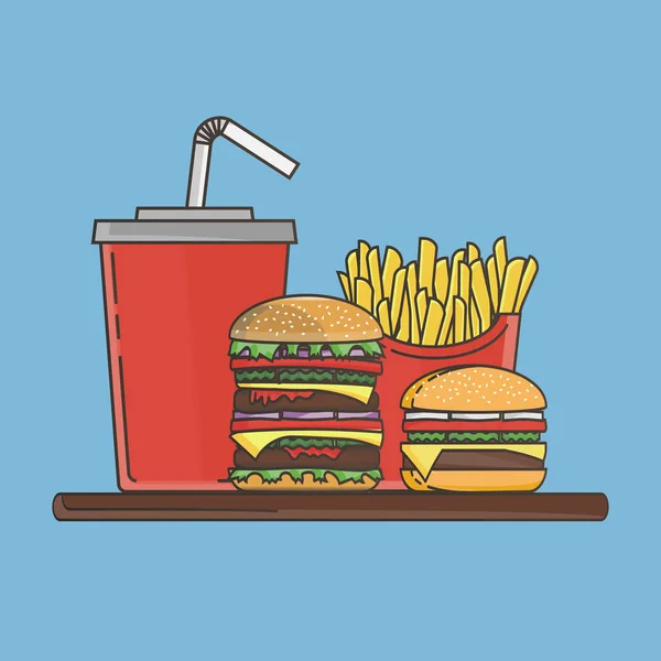 Almuerzo con hamburguesa, papas fritas y refrescos. Grupo de productos de comida rápida. Ilustración vectorial — Archivo Imágenes Vectoriales