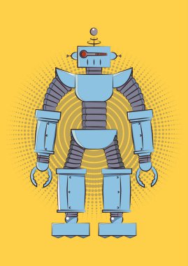 Retro vintage robot. Vektör çizim Sarı zemin üzerine