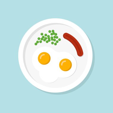 Kızarmış yumurta ve sosis beyaz tabakta. Vektör çizim