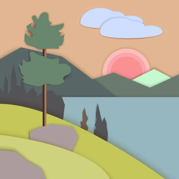 Origami papier paysage illustration vectorielle avec nuages, soleil, arbres et rivière — Image vectorielle