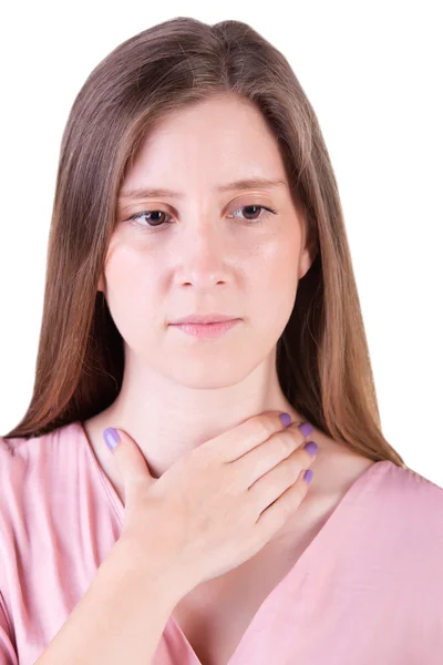 Mujer con las manos alrededor del cuello — Foto de Stock