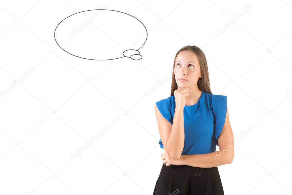 Woman thinking in a white background with a bubble over her