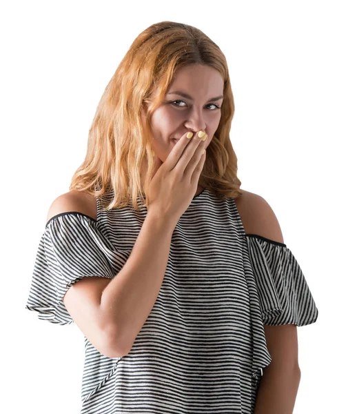 Stydlivá dívka zakrývání její tvář s rukama, izolované — Stock fotografie