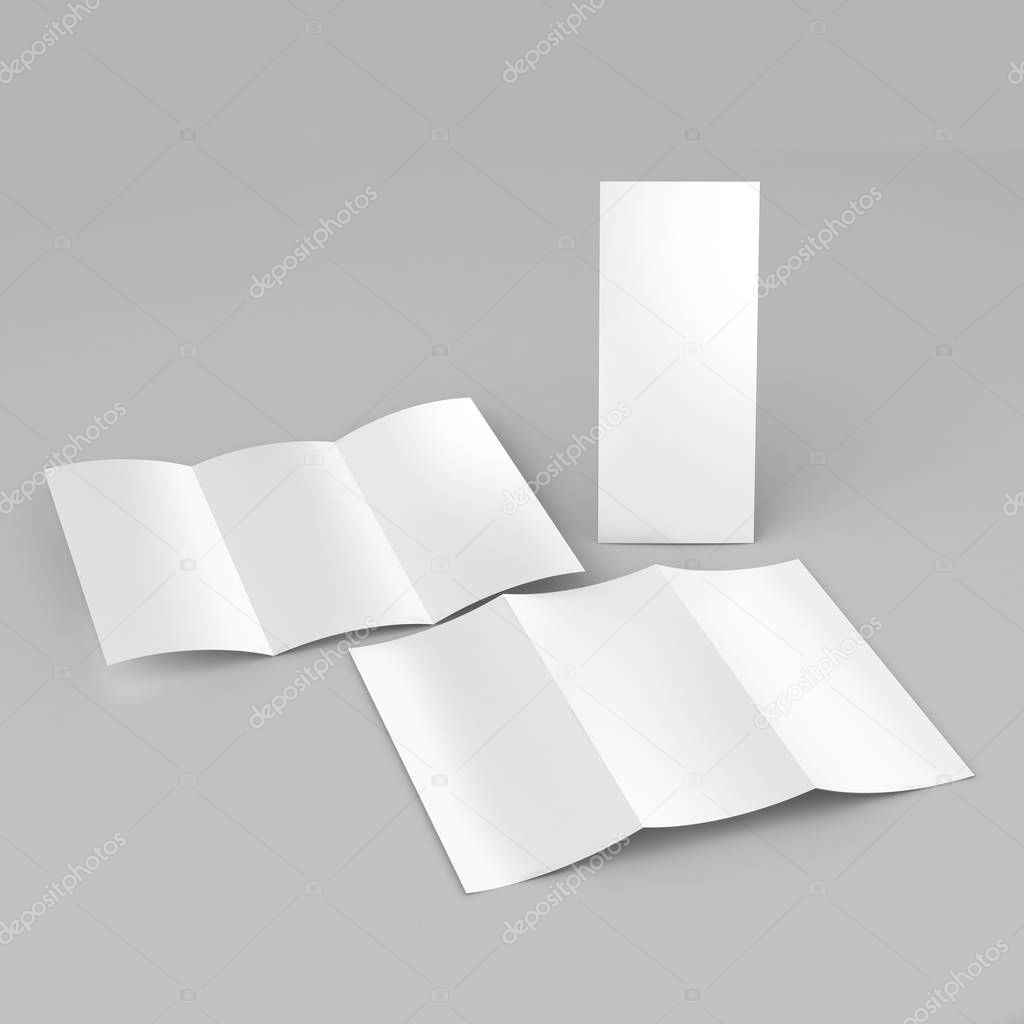 Brochure tri fold mock up white blank for design template 3d render illustration.