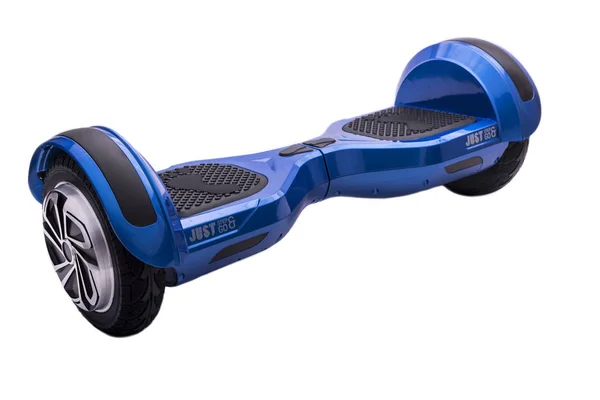 Self-balancing two-wheeled board or hoverboard scooter isolated on white background. Giroboard: blue giroboard on white background. Front top view. Flat lay.