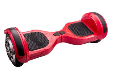 Kendi kendini dengeleyen iki tekerlekli sörf tahtası ya da kaykay motoru beyaz arka planda izole edilmiş. Gyroboard: beyaz arka planda kırmızı jiroskop. Yeni Taşıyıcılar
