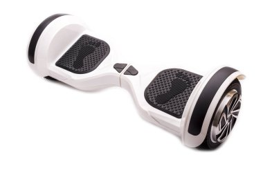 Kendi kendini dengeleyen iki tekerlekli sörf tahtası ya da kaykay motoru beyaz arka planda izole edilmiş. Gyroboard: beyaz arka planda beyaz jiroskop. Yeni hareket