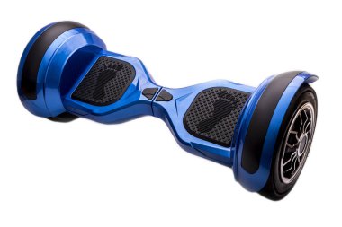 Kendi kendini dengeleyen iki tekerlekli sörf tahtası ya da kaykay motoru beyaz arka planda izole edilmiş. Giroboard: Beyaz arkaplanda mavi giroboard. 