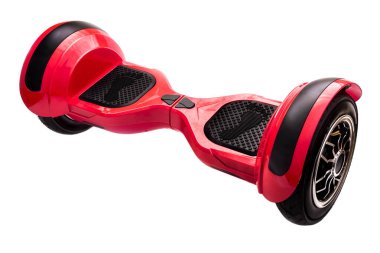 Kendi kendini dengeleyen iki tekerlekli sörf tahtası ya da kaykay motoru beyaz arka planda izole edilmiş. Gyroboard: beyaz arka planda kırmızı jiroskop. Yeni Taşıyıcılar