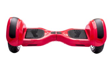 Kendi kendini dengeleyen iki tekerlekli sörf tahtası ya da kaykay motoru beyaz arka planda izole edilmiş. Gyroboard: beyaz arka planda kırmızı jiroskop. Yeni hareket