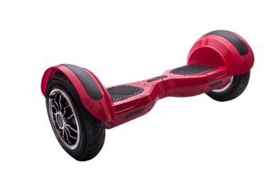 Kendi kendini dengeleyen iki tekerlekli sörf tahtası ya da kaykay motoru beyaz arka planda izole edilmiş. Gyroboard: beyaz arka planda kırmızı jiroskop. Yeni hareket