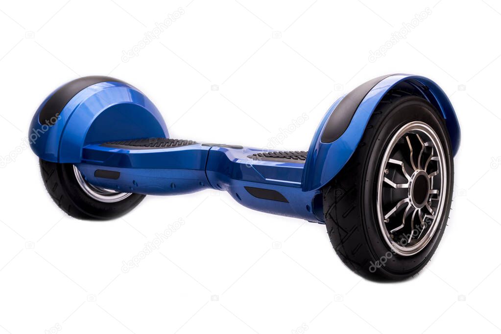 Self-balancing two-wheeled board or hoverboard scooter isolated on white background. Giroboard: blue giroboard on white background.