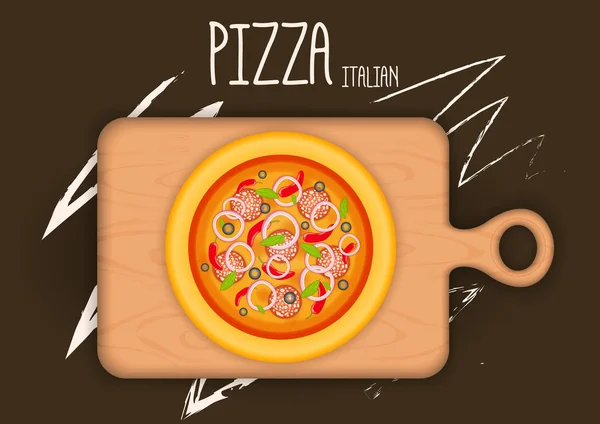 Pizza de una variedad de ingredientes en el tablero de la cocina — Vector de stock