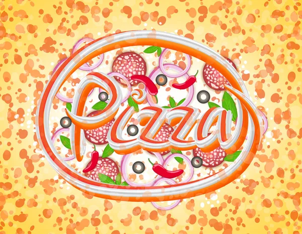 Pizza de una variedad de ingredientes, letras abstractas, píxeles estirados — Vector de stock
