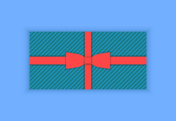 Blauw gestreepte cadeau met rood lint en boog — Stockvector