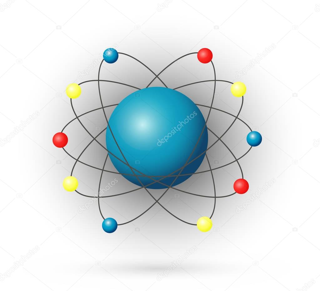 Atom, color model with electrons and nucleus