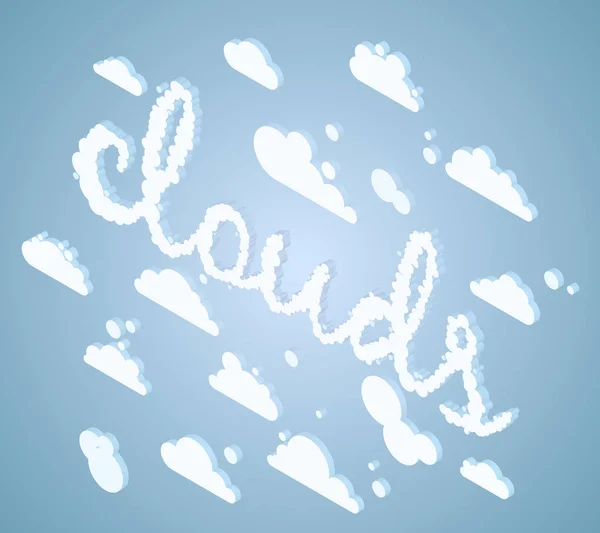 Isometrische witte wolken met bewolkt teksteffect, vector illustrat — Stockvector