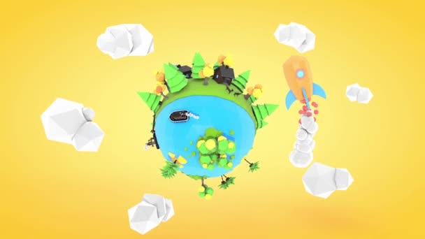 Planeta Poly baixo com animação de foguete, renderização 3d — Vídeo de Stock