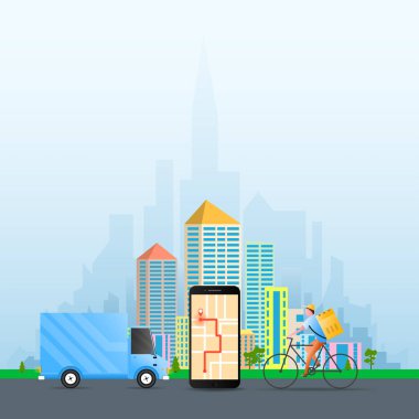 Minibüs, mobil ve bisikletli teslimatçı konsepti. Teslimat, lojistik, konum, hizmet kavramı için vektör illüstrasyonu.