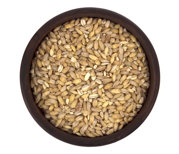 Raw organic pearl barley into a bowl isolated on the white background — Stock Photo, Image