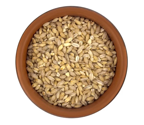 Raw organic pearl barley into a bowl isolated on the white background — Stock Photo, Image