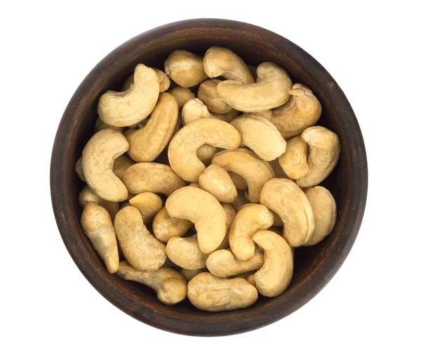 Cashew in Schale Draufsicht auf weißem Hintergrund, gesunde Ernährung — Stockfoto